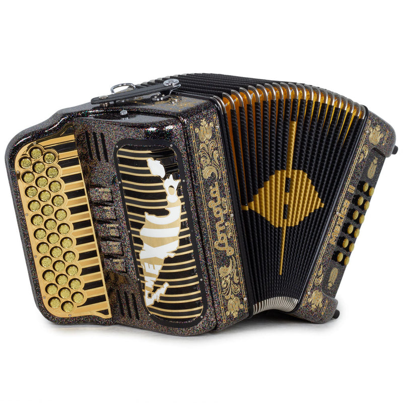 Sonola Mexico II Ultra Compact Accordion FBE 5 Switches Black Glitter with Gold-Accordions & Concertinas-Sonola- Hermes Music