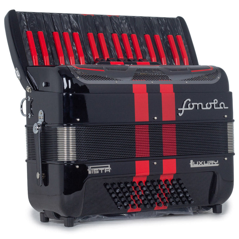 Sonola Pista Deluxe Piano Accordion 5 Switch Glossy Black with Red and Black Keys-accordion-Sonola- Hermes Music