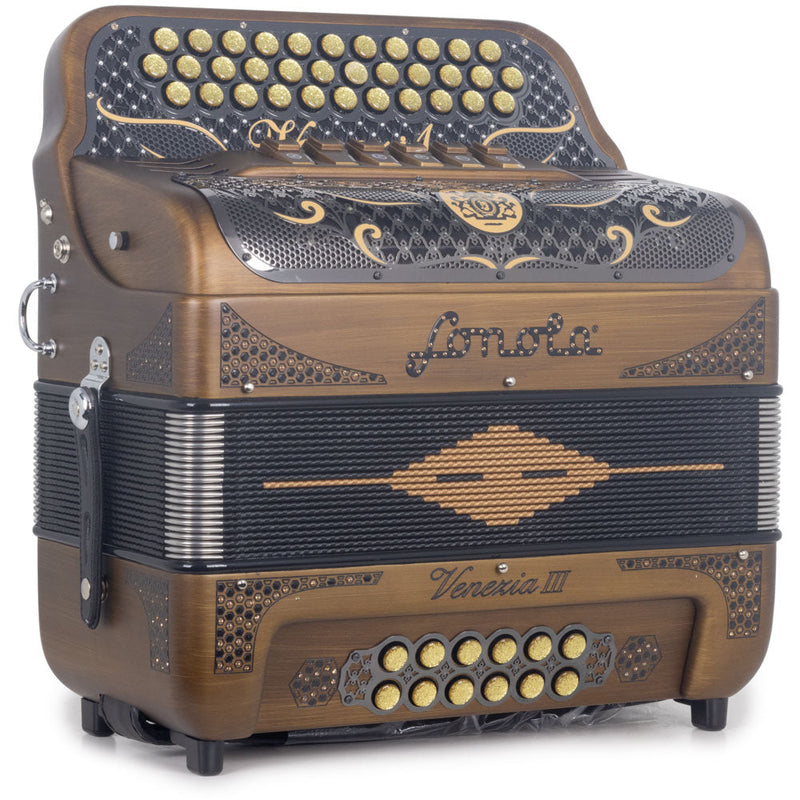 Sonola Venezia III Accordion FBE/EAD 6 Switches Matte Gold and Black-accordion-Sonola- Hermes Music